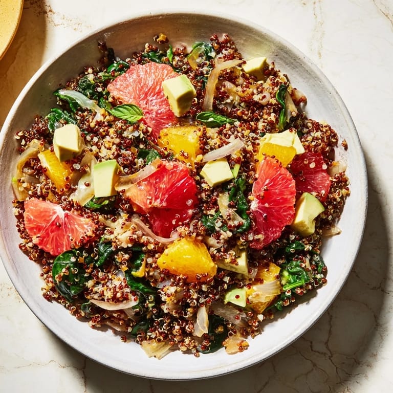 A close-up view of a healthy Fresh Citrus & Avocado Quinoa Bowl, ready to be enjoyed.