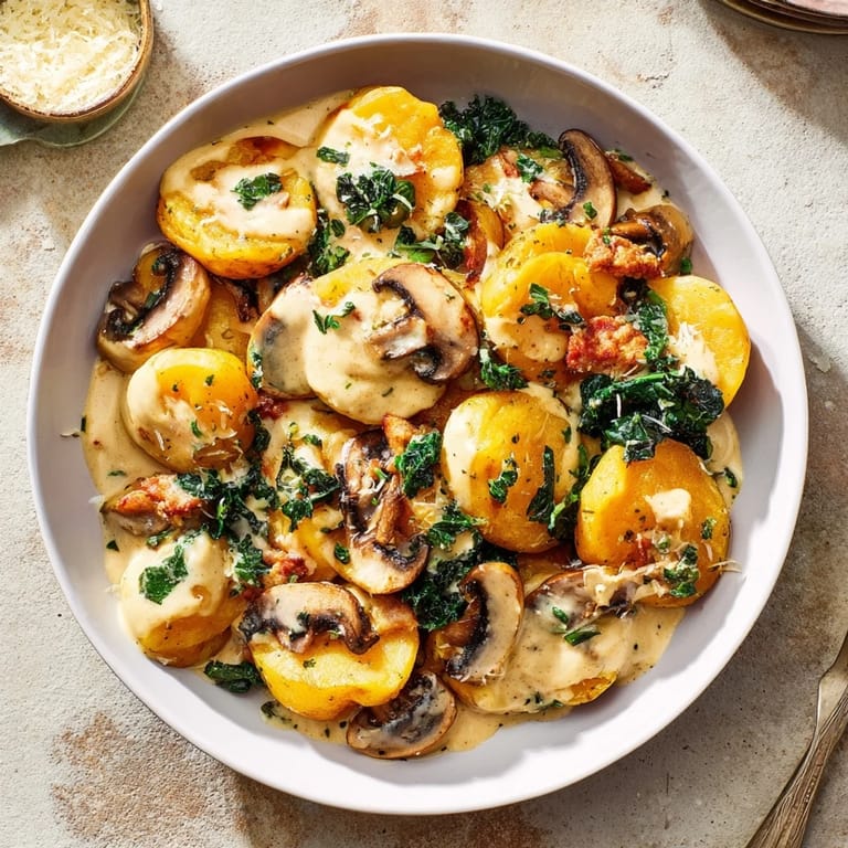 Earthy mushroom and sausage-packed woodsy skillet gnocchi, simmering in a creamy, flavorful broth for dinner.