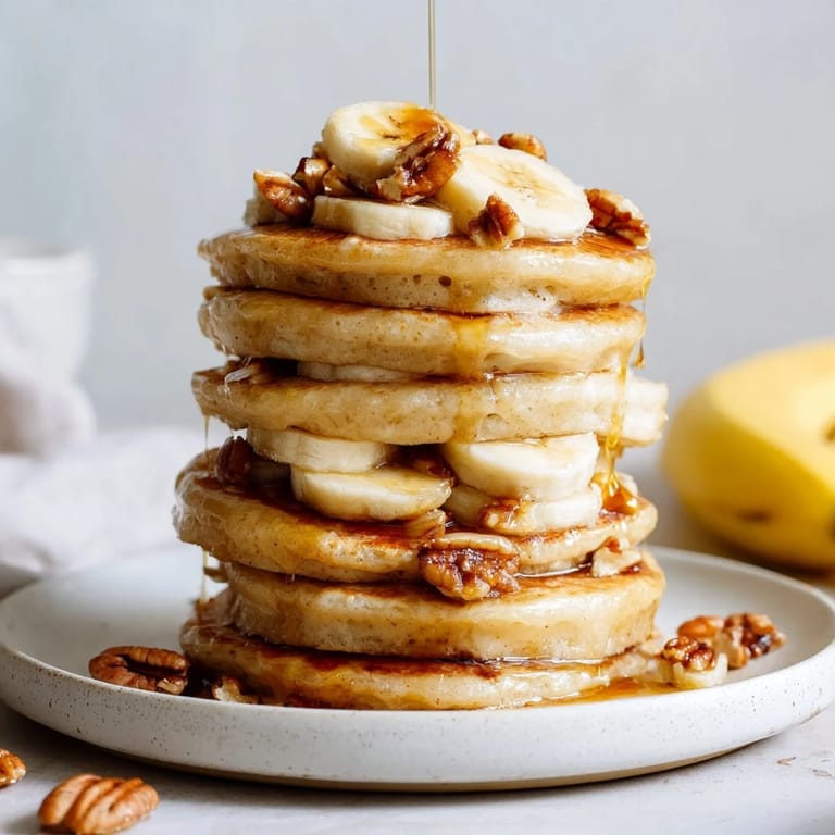 A stack of fluffy golden banana pancakes, delicious and sweet ready to eat for brunch.