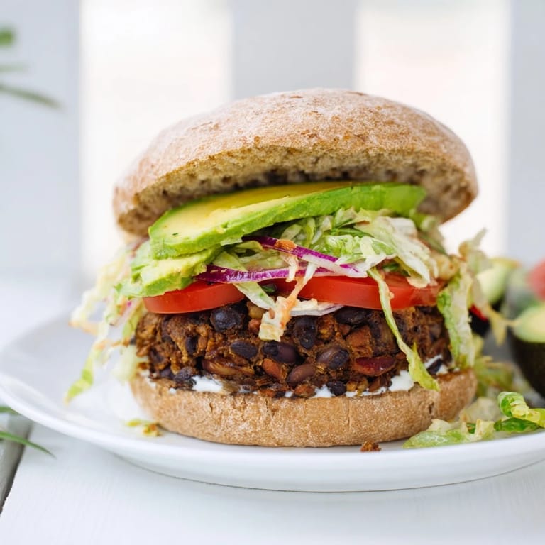 Close-up of a Zesty Black Bean Burger on a bun, showcasing fresh cilantro and a smear of chipotle mayo.
