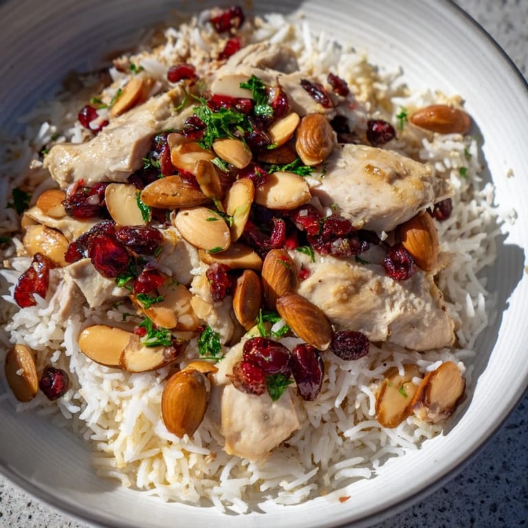 A close-up of fluffy saffron chicken and rice pilaf, topped with toasted almonds and herbs, ready to serve.