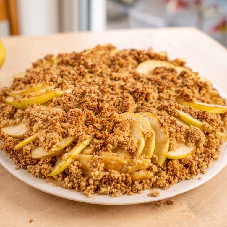 Golden brown Warm Rustic Apple and Cinnamon Crumble ready to serve, perfect for a cozy dessert night.