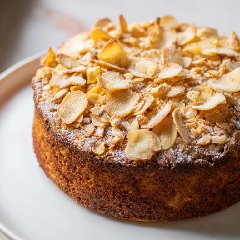 A close-up of a rustic soft sweet plum-infused almond cake, revealing the juicy plums inside.
