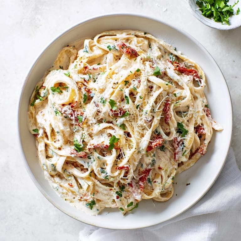 Imagine the aroma: steaming One-Pot Creamy Tuscan Garlic Herb Pasta garnished with fresh basil and Parmesan.