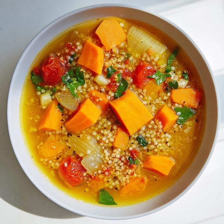 A colorful bowl of Simple Homemade Grain and Vegetable Soup with fresh parsley garnish.