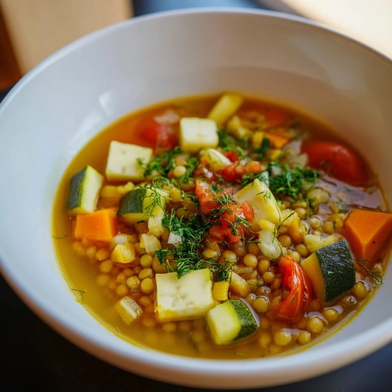 Hearty Simple Homemade Grain and Vegetable Soup, perfect for a warming vegetarian dinner.