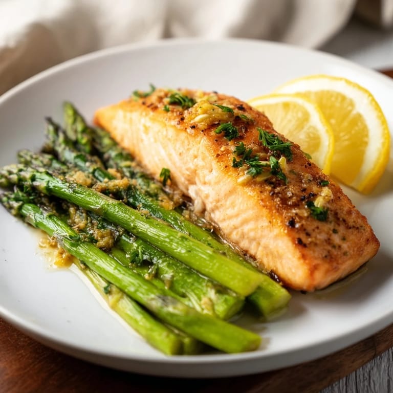 Vibrant plate of skillet lemon-butter salmon with asparagus: tender, flaky fish with bright, buttery sauce.