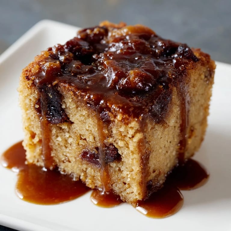 A warm slice of Weekend Cabin-Style Sticky Toffee Pudding, showcasing the tender dates and deep caramel flavor.