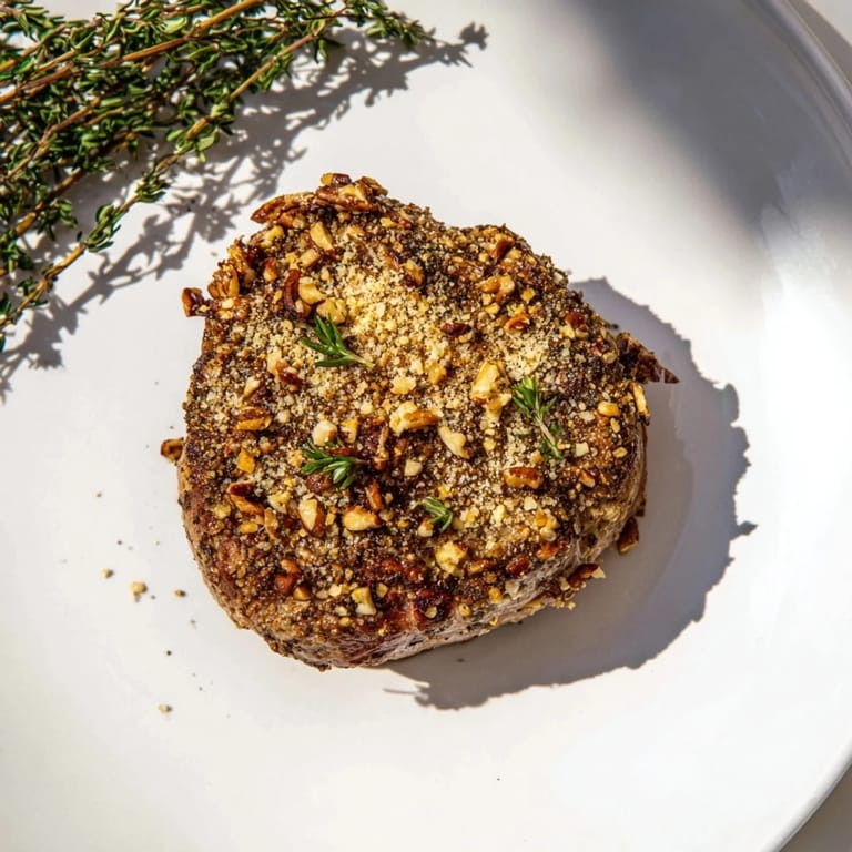 Savory Thyme and Pecan Crusted Pork Tenderloin, seared and coated in a flavorful pecan crust.