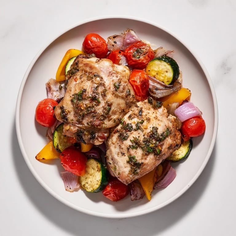 Sheet pan bursting with colorful roasted vegetables and juicy Basil-Soft Chicken for a simple, healthy meal.