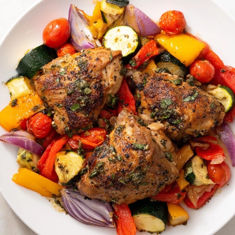 A flavorful close-up of the easy Basil-Soft Chicken and Veggie Sheet Pan Dinner, perfectly roasted chicken.