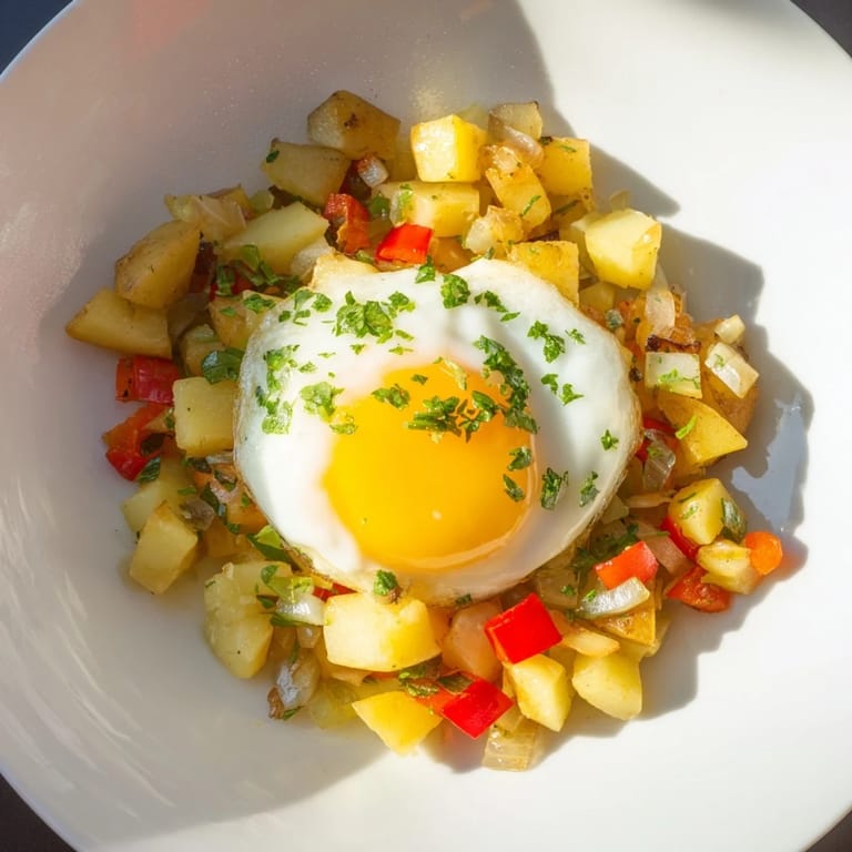 Sizzling simple skillet egg and potato hash, a hearty one-pan meal with fresh parsley garnish.