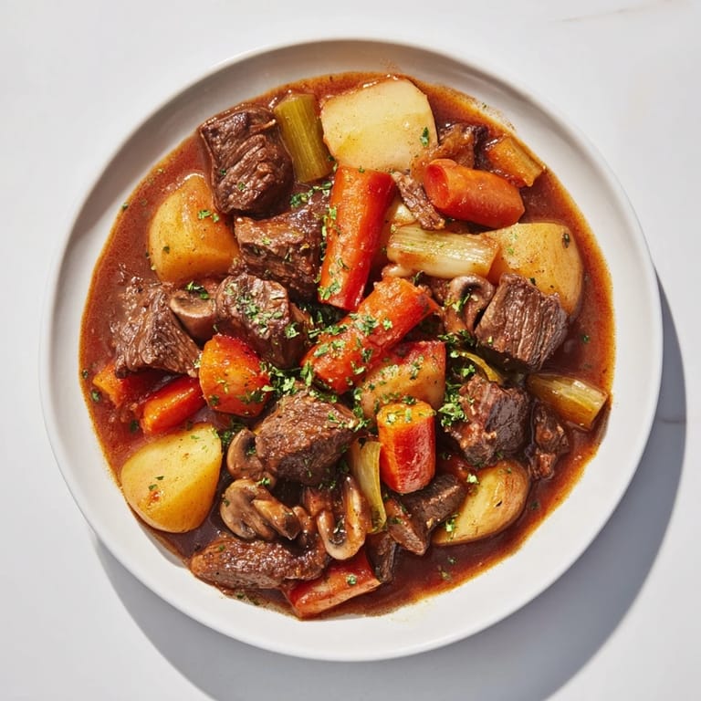 This photo features a close-up of the hearty earthy beef stew and freshly baked bread.