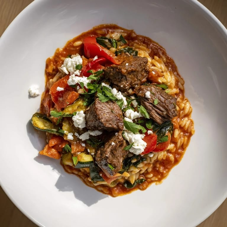 Tender lamb and orzo in a rich sauce: This warm Smoky Mediterranean Lamb and Orzo dish smells divine.