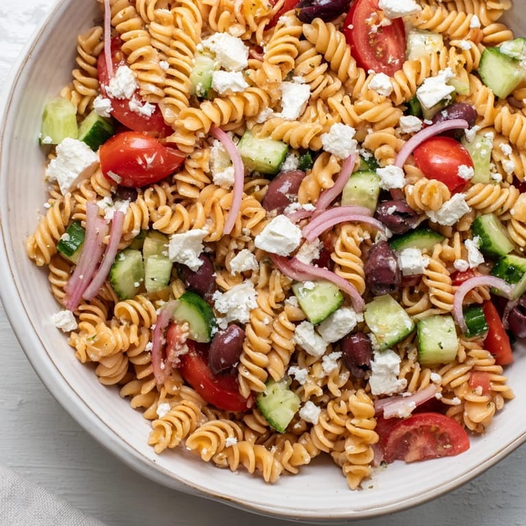 Cool, creamy Mediterranean Olive Oil and Feta Pasta Salad featuring fresh tomatoes and olives.