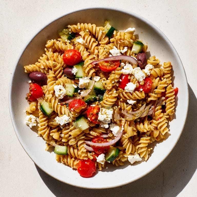 A close-up shot of a refreshing Mediterranean Olive Oil and Feta Pasta Salad with bright flavors.