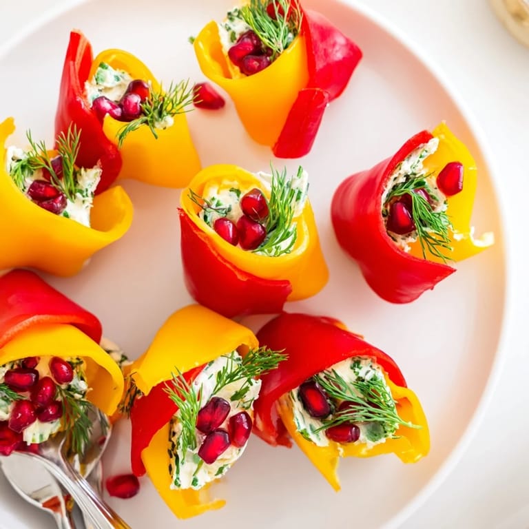 Colorful bell pepper Christmas bows with a creamy filling, garnished, perfect for a cheerful holiday appetizer course.