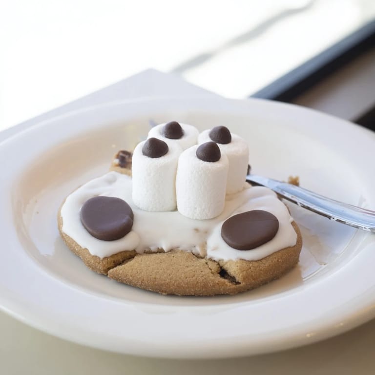 Homemade Polar Bear Paw Print Cookies decorated with melted chocolate and mini chocolate chips look delightful.