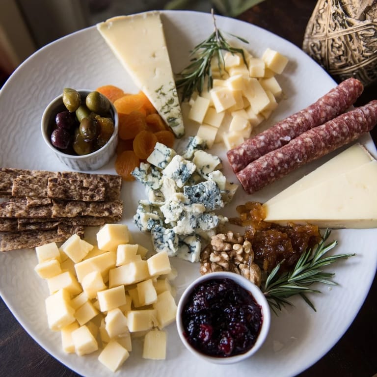 This snowy Winter Forest Charcuterie Scene displays cured meats, colorful cheeses, and seasonal fruits perfect for a festive meal.