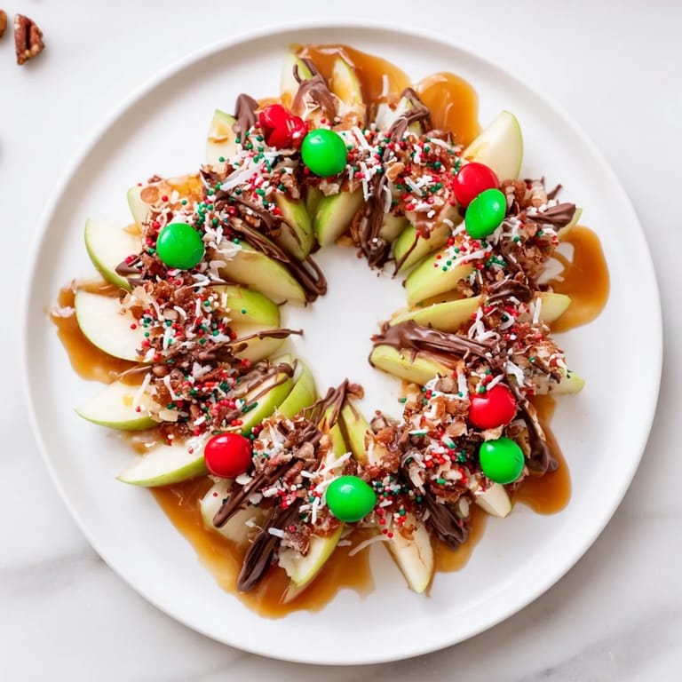 A close-up of a festive Caramel Apple Slice Christmas Wreath, showcasing colorful candy and fresh apples.