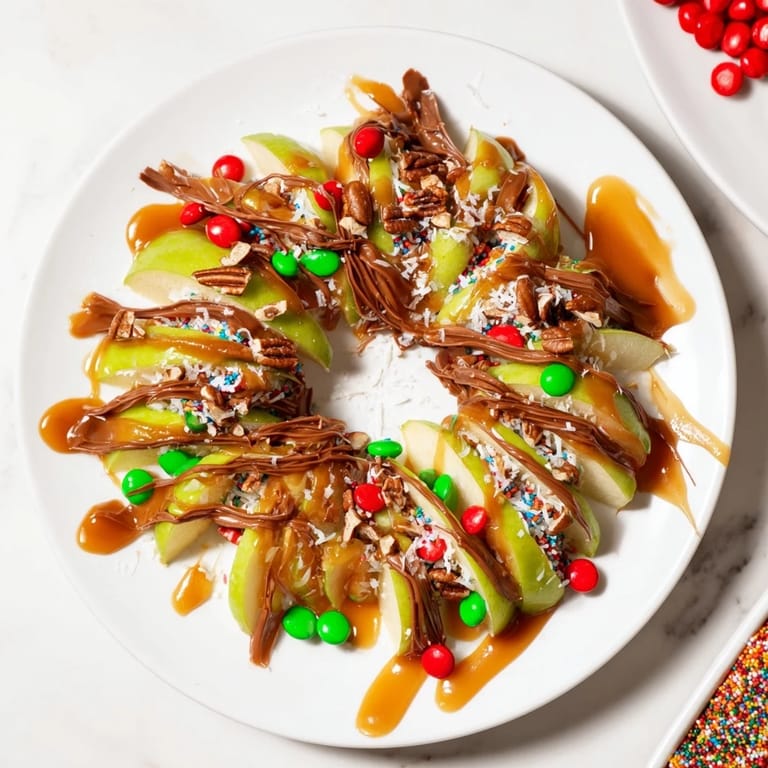 Sweet Caramel Apple Slice Christmas Wreath with gooey caramel, festive sprinkles, and crunchy nuts, ready to enjoy.