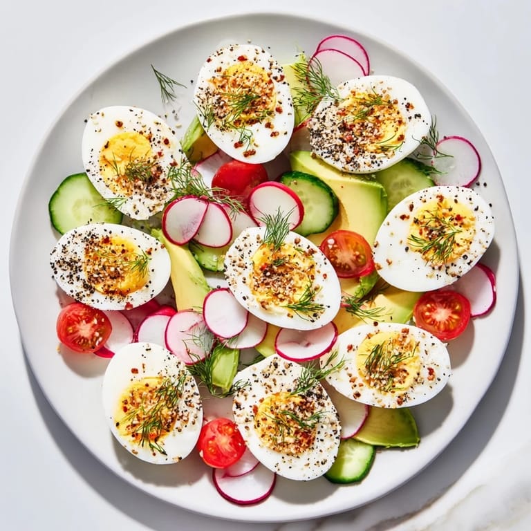 Appetizing photo of a brunch board with hard-boiled eggs with everything bagel seasoning, ready to serve.