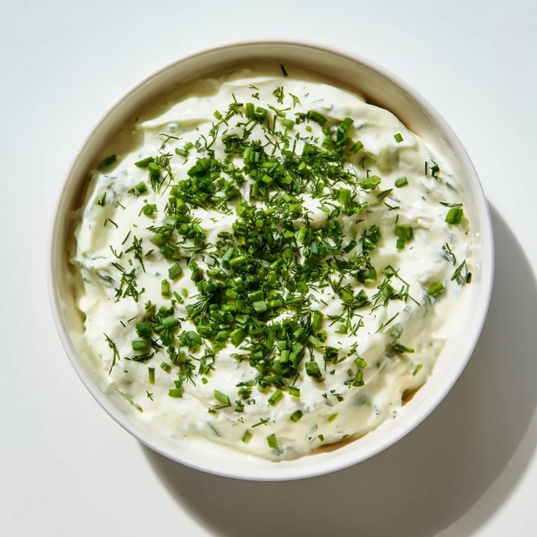 Freshly made Veggie Ranch Dip boasting a medley of herbs, ready for dipping on a platter.
