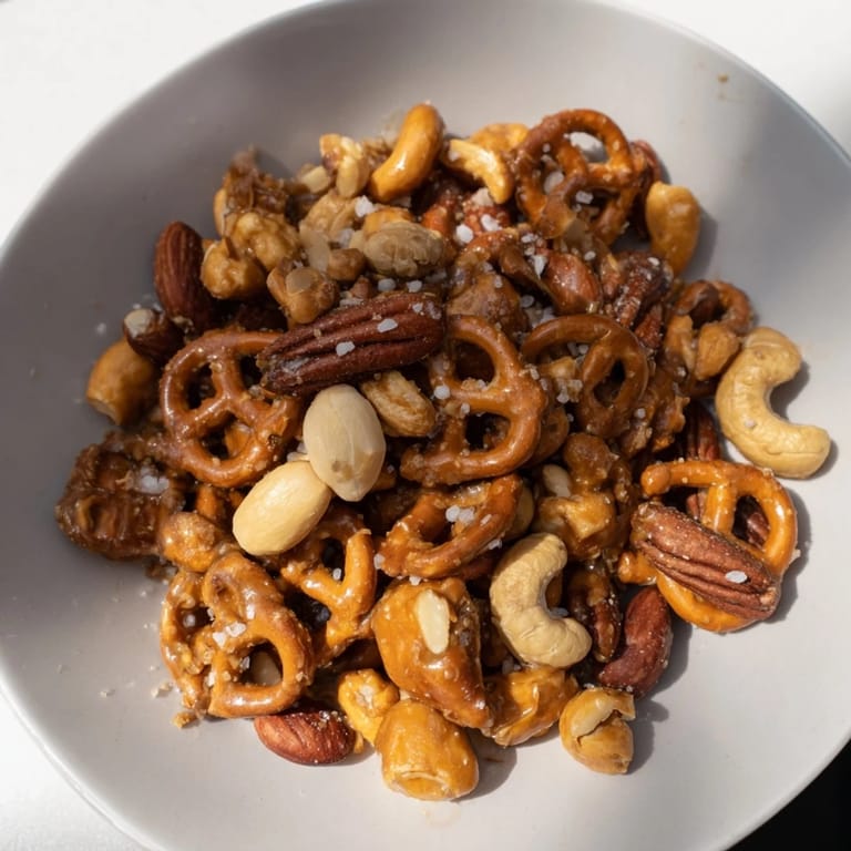 A close-up of a batch of salted caramel pretzels and nuts, ready for a delicious, sweet experience.