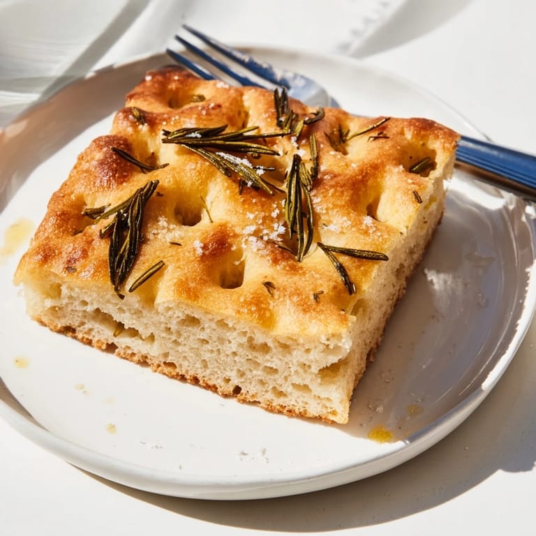 Warm, soft focaccia, ready to serve, with fragrant rosemary sprigs and course salt.