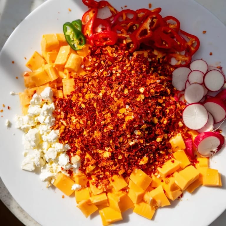 A visually appealing Spicy Hot Take Platter arrangement, featuring fiery chilies and assorted, flavorful appetizers.