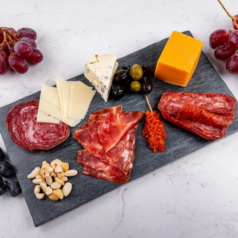 A single serving of Charcuterie Board for One features creamy cheeses, savory meats, and crunchy nuts.