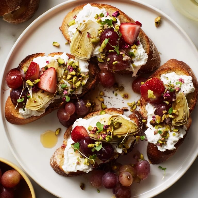 This visually appealing platter of Zero-Proof Celebration Spread includes toasted baguette slices, creamy cheeses, and fresh produce.
