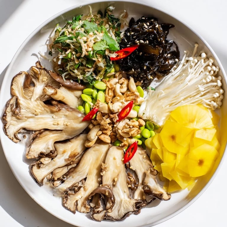 Artfully arranged Umami Bomb Asian Delight appetizers with glistening mushrooms and dipping sauces ready.