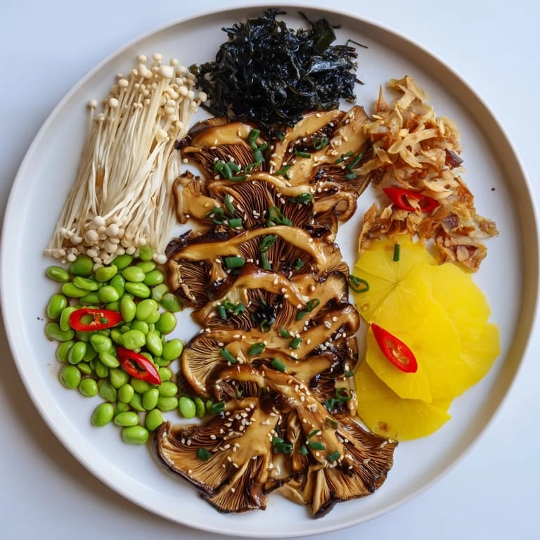 Savory Umami Bomb Asian Delight, a vegetarian platter with black garlic and colorful accents.