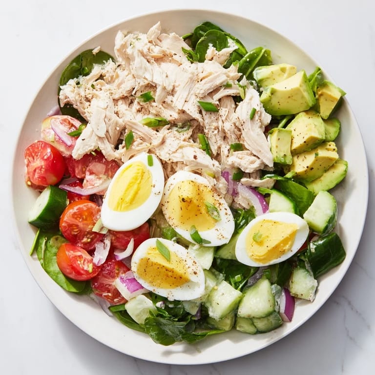 This healthy High-Protein Chicken and Egg Salad features vibrant colors, perfect for lunch.