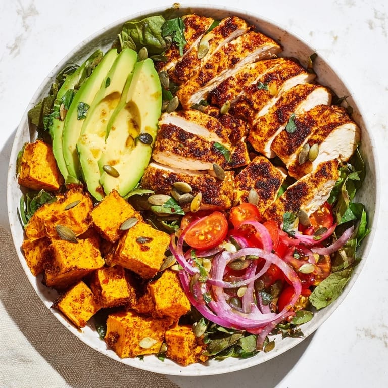 This healthy Avocado and Sweet Potato Chicken Bowl features juicy chicken, fresh avocado, and flavorful sweet potatoes.