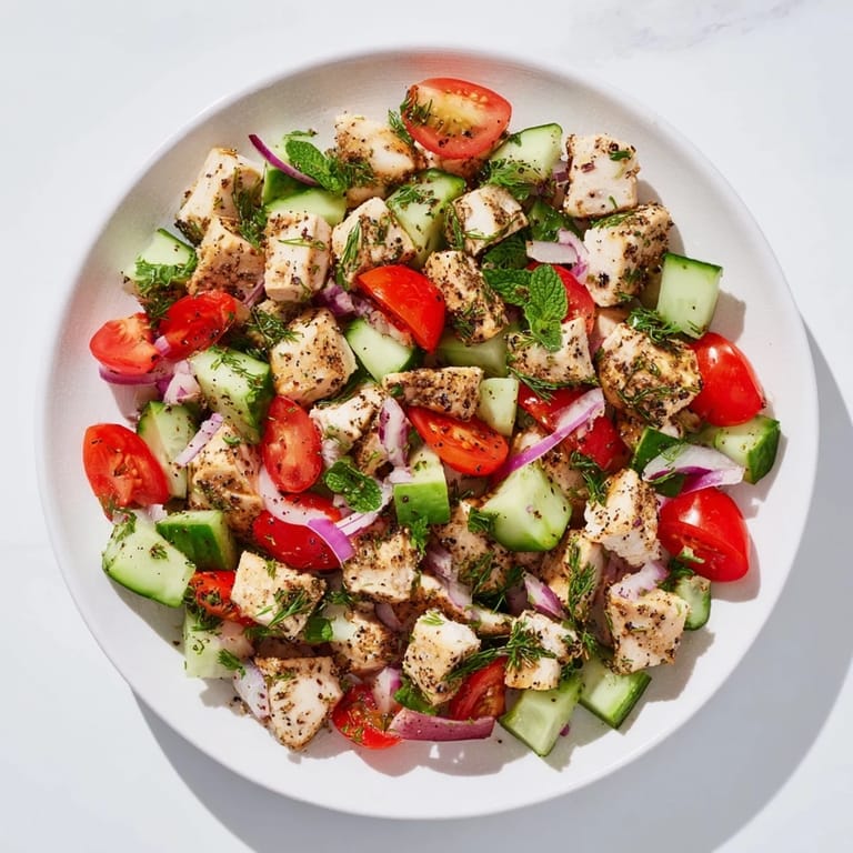 Close-up of a refreshing Cucumber and Chicken Clean Shaker with juicy tomatoes and bright dressing.