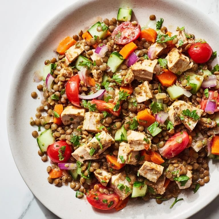 A vibrant bowl of chilled Chicken and Lentil Recession Salad with fresh parsley, ready to enjoy with crusty bread.