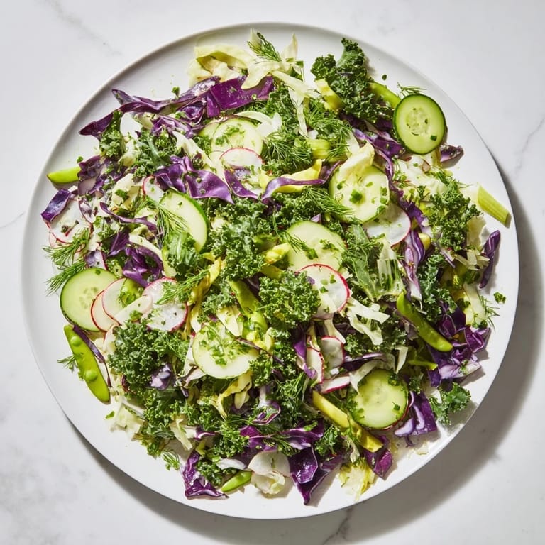 Vibrant Green Goddess Detox Cabbage Salad topped with sliced radishes and creamy avocado, ready to eat.