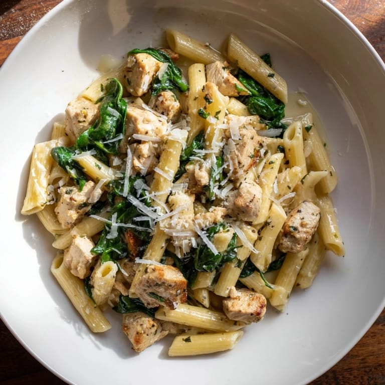One-pot Spinach and Chicken Pasta is steaming hot, featuring chicken, pasta, and spinach in a bowl.