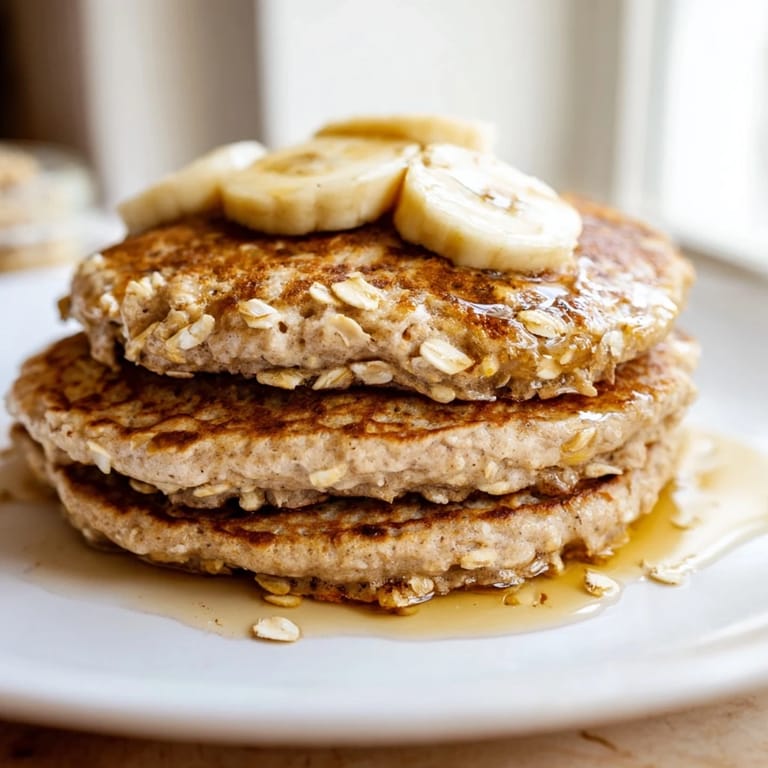 Healthy, gluten-free Banana Oat Pancakes recipe, with visible flecks of oats, a simple breakfast.