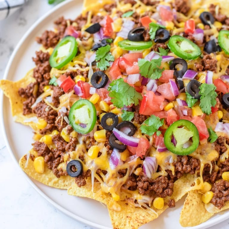 Tex-Mex perfection: a tray of easy sheet-pan nachos brimming with melted cheese, beef, and fresh toppings.