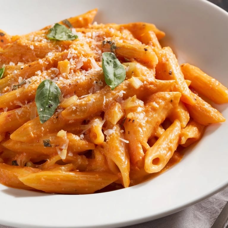 A close-up of a bowl of Basil Garlic One-Pot Creamy Tomato Pasta, garnished with fresh basil.