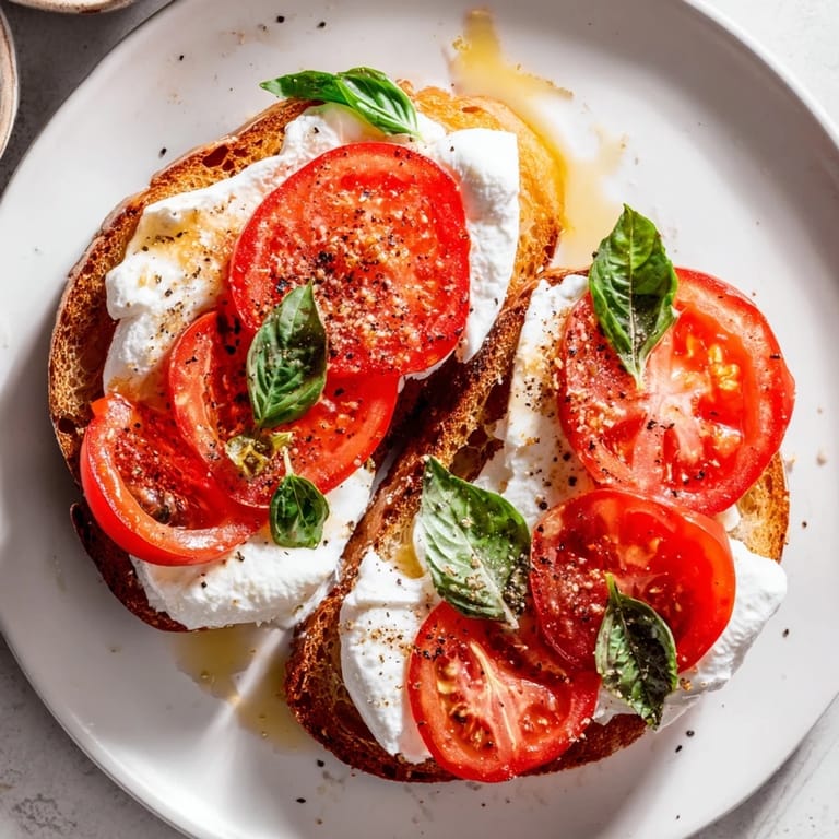 Golden sourdough piled high with Tomato Burrata toasted goodness, drizzled with olive oil and balsamic glaze.
