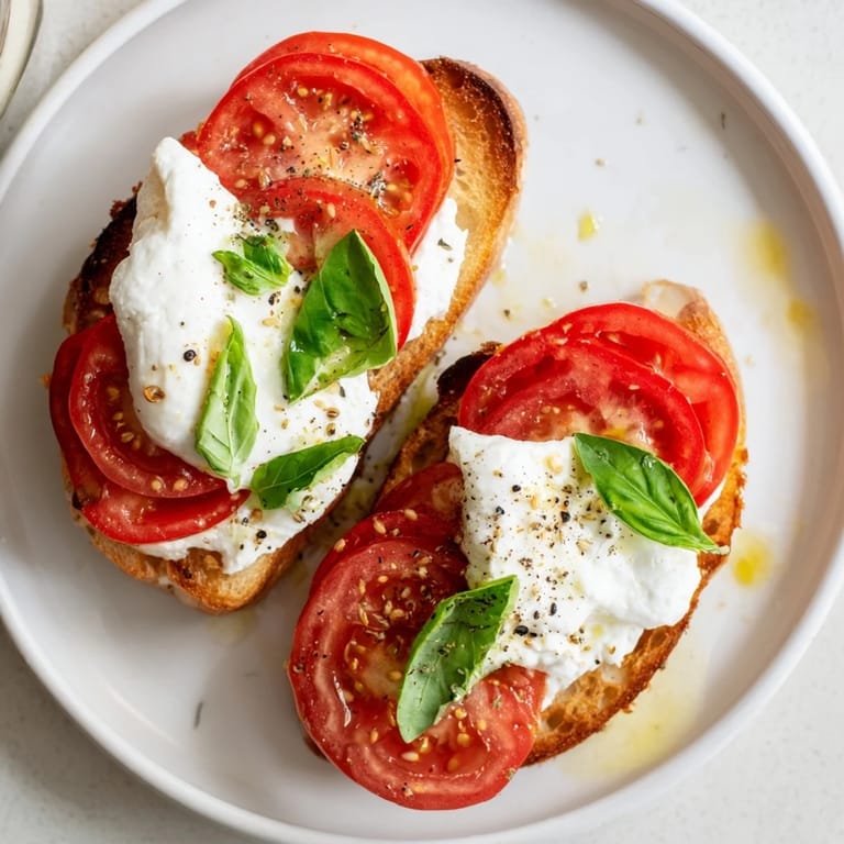 Close-up of creamy burrata melting onto Tomato Burrata Toast, a simple Italian-inspired appetizer.