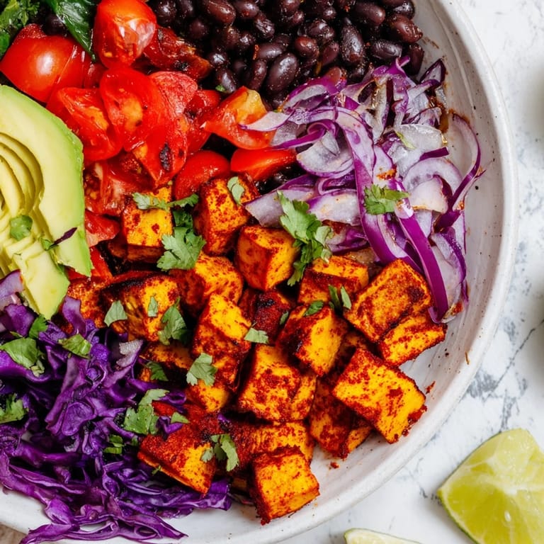 Hearty sweet potato taco bowls, featuring visible black beans and avocado, drizzled with zesty lime dressing.
