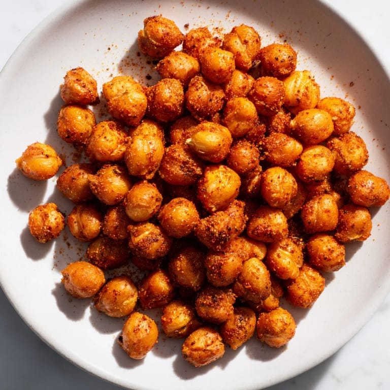 Warm, spiced roasted chickpea snack, perfectly seasoned and ready to eat as a healthy, gluten-free treat.