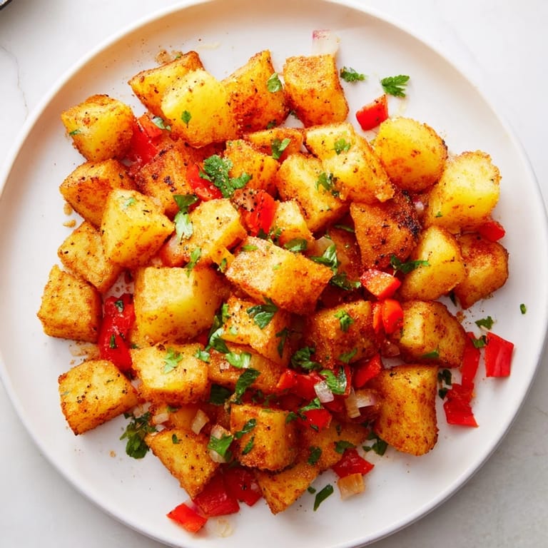 Diner-style air fryer breakfast potatoes, glistening from olive oil, paired with vibrant bell peppers and onions.