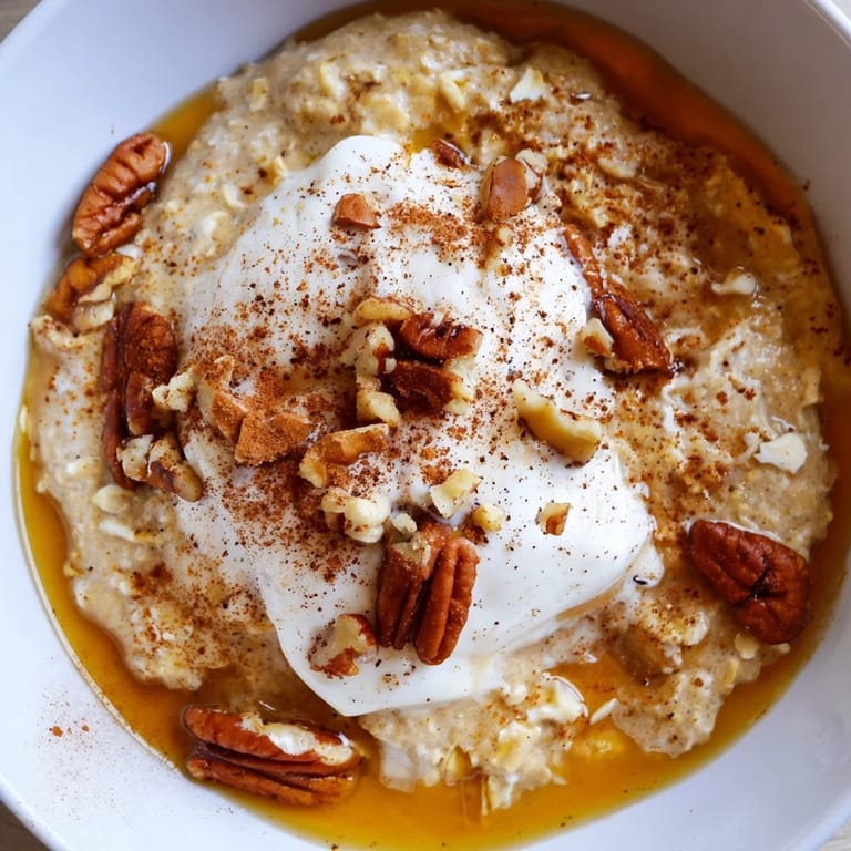 Warm pumpkin spice latte oats, garnished with cinnamon and ready for a cozy breakfast.