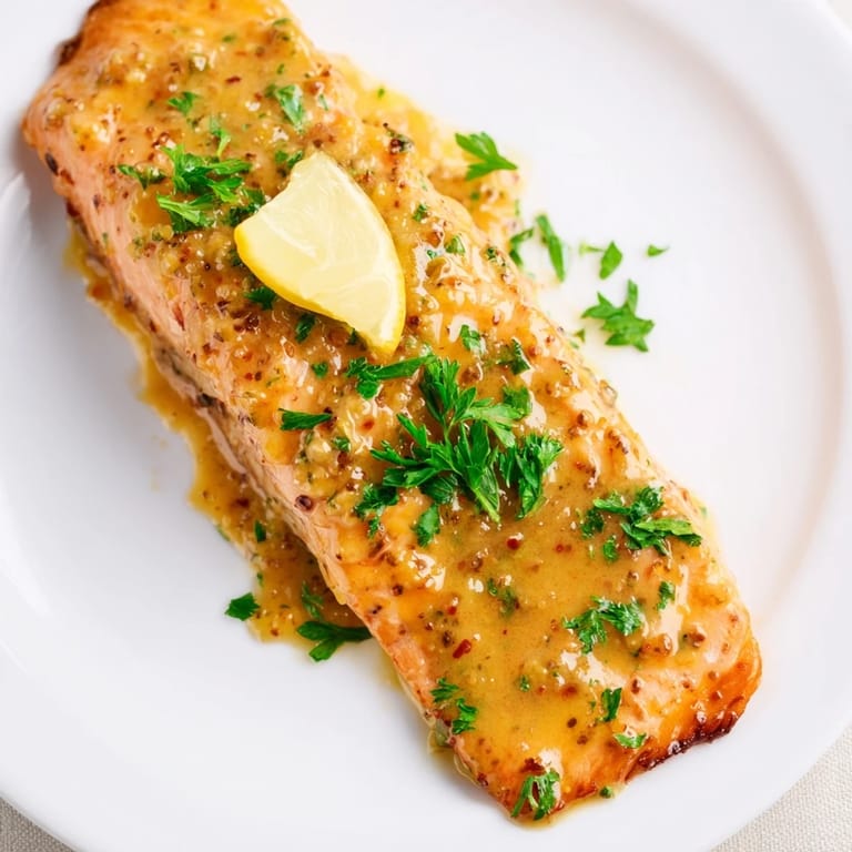 Oven-baked Honey Mustard Salmon glistening with a sweet and savory sauce, ready to serve with lemon.